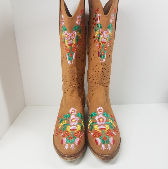 Floral Embriodered Tan Cowboy Boots - Picture 2 of 14